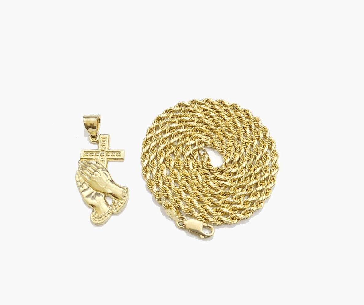 Real 10k Yellow Gold Rope Chain 24'' Necklace Praying Hand Cross Charm Pendant - GoldenlinQ