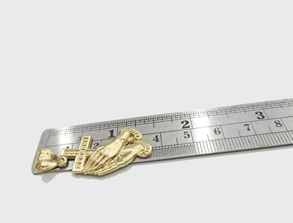 Real 10k Yellow Gold Rope Chain 24'' Necklace Praying Hand Cross Charm Pendant - GoldenlinQ