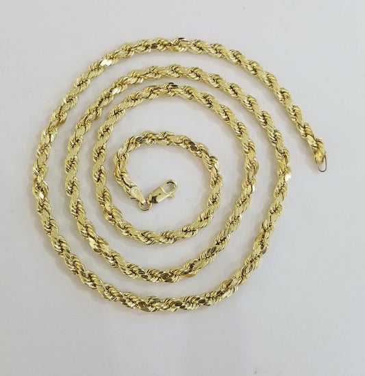REAL 10k Yellow Gold Rope Chain 26" 4mm Diamond Cut Men Necklace - Reva Jeweler
