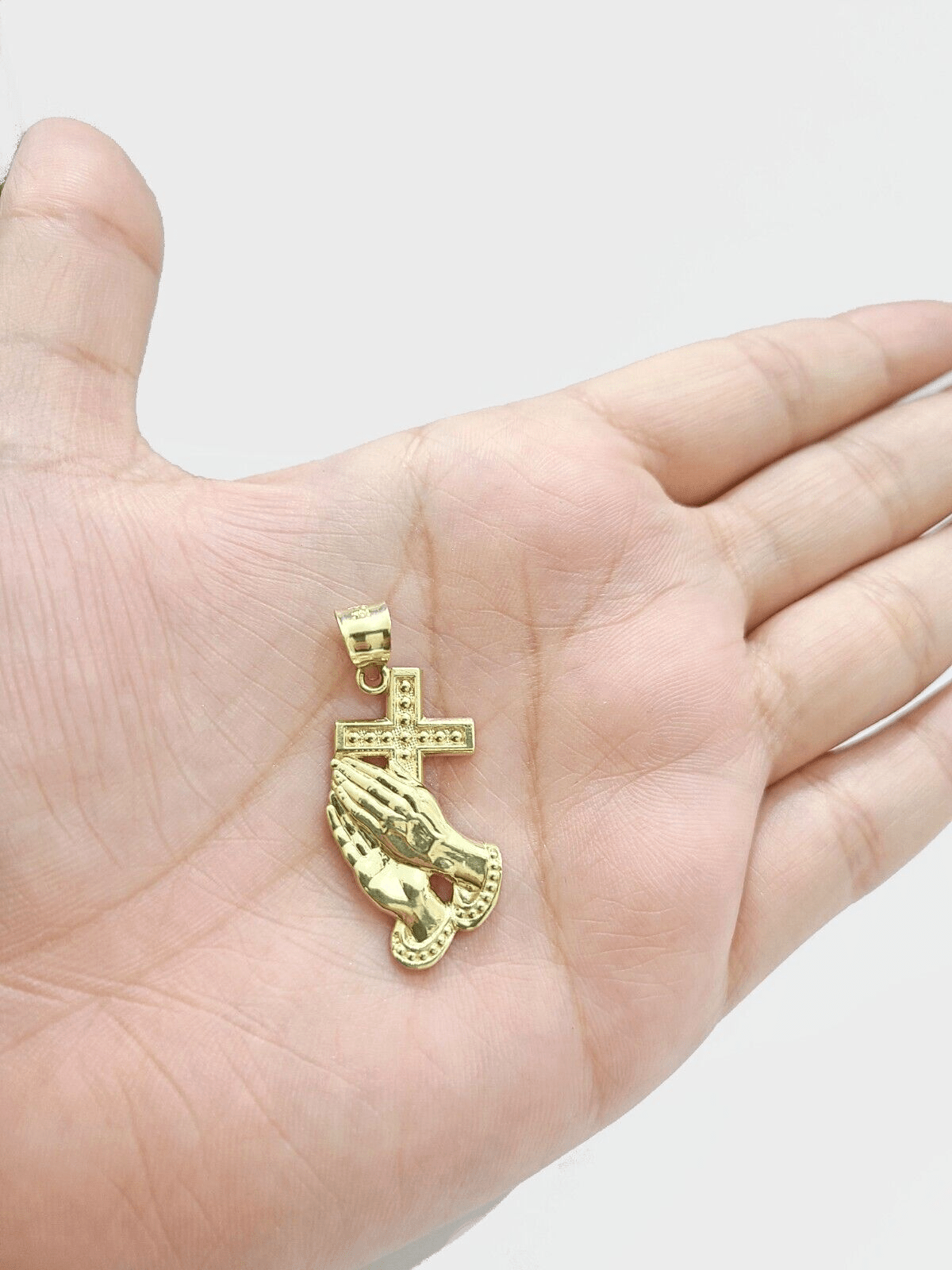 Real 10k Yellow Gold Rope Chain 26'' Necklace Praying Hand Cross Charm Pendant - GoldenlinQ