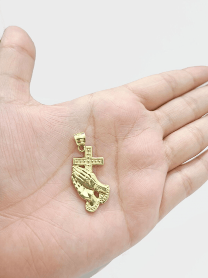 Real 10k Yellow Gold Rope Chain 26'' Necklace Praying Hand Cross Charm Pendant - GoldenlinQ