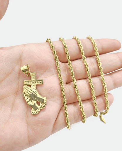 Real 10k Yellow Gold Rope Chain 26'' Necklace Praying Hand Cross Charm Pendant - GoldenlinQ