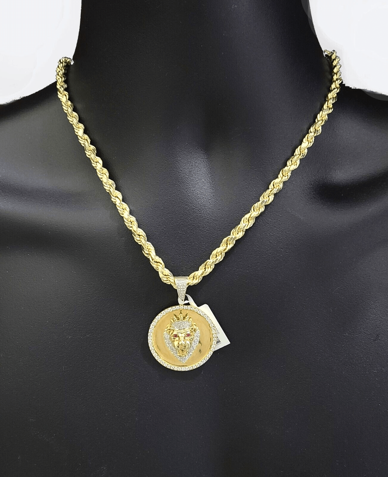 Real 10k Yellow Gold Rope Chain 28'' Necklace Lion Head Charm Diamond Pendant - Reva Jeweler