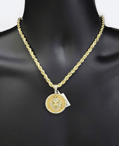 Real 10k Yellow Gold Rope Chain 28'' Necklace Lion Head Charm Diamond Pendant - Reva Jeweler