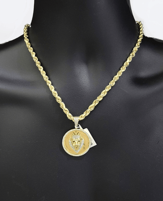Real 10k Yellow Gold Rope Chain 28'' Necklace Lion Head Charm Diamond Pendant - Reva Jeweler