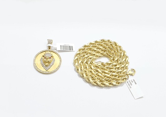 Real 10k Yellow Gold Rope Chain 28'' Necklace Lion Head Charm Diamond Pendant - Reva Jeweler