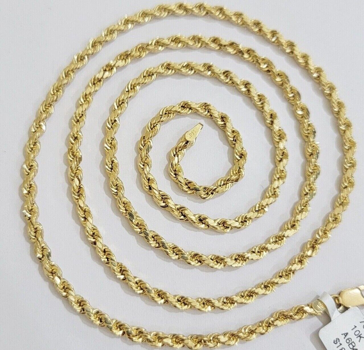 Real 10k Yellow Gold Rope Chain 3mm Necklace 16" - 28 Inch Diamond Cut men Women - Reva Jeweler