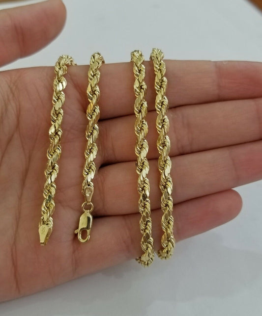 Real 10k Yellow Gold Rope Chain 4mm 18" Diamond Cut Necklace - Reva Jeweler