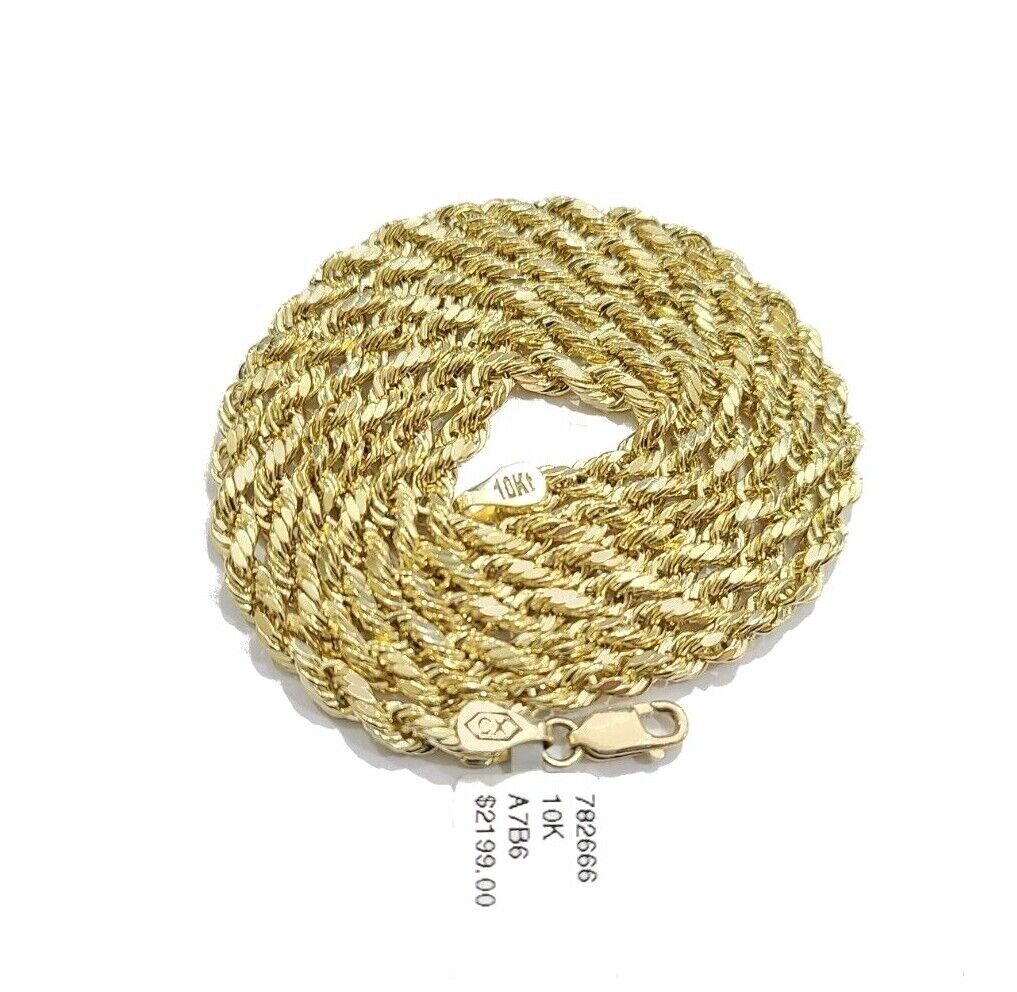 Real 10K Yellow Gold Rope Chain 4mm Necklace 16 - 30'' Inches Lobster Lock 10kt - GoldenlinQ