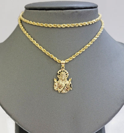 Real 10k Yellow Gold Rope Chain Charm Jesus Head Pendant SET 3mm Necklace - Reva Jeweler