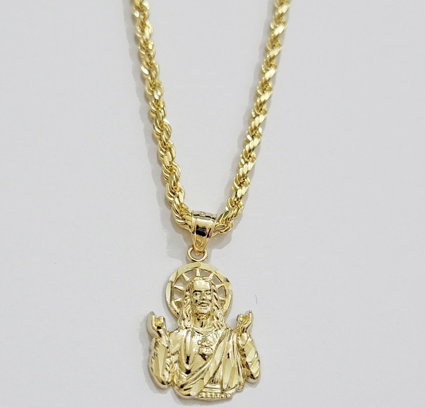 Real 10k Yellow Gold Rope Chain Charm Jesus Head Pendant SET 3mm Necklace - Reva Jeweler