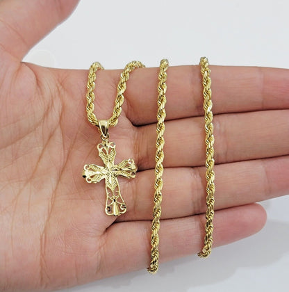 Real 10k Yellow Gold Rope Chain Cross Charm Pendant SET 3mm Necklace 18 - 28 Inch - Reva Jeweler