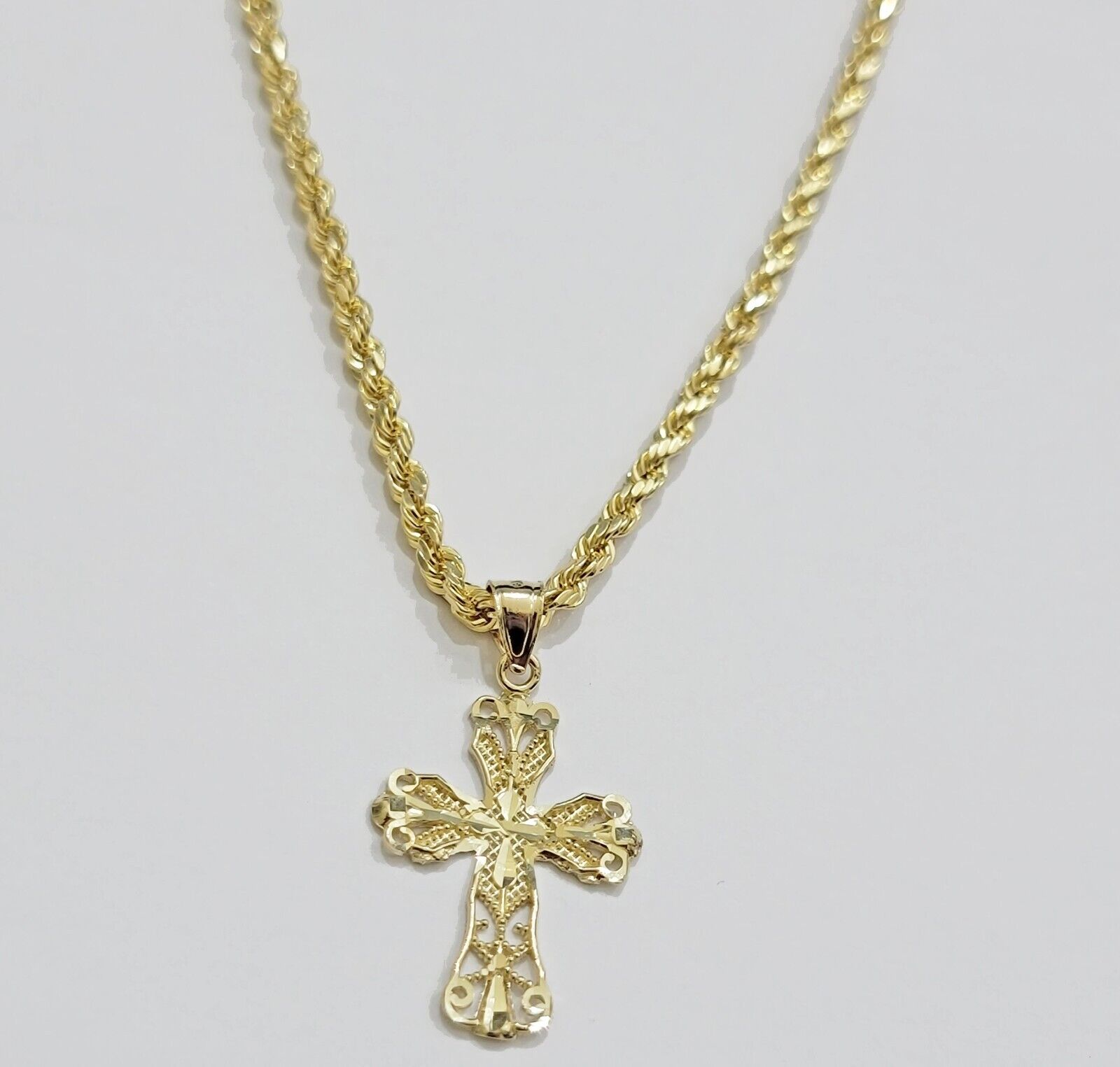 Real 10k Yellow Gold Rope Chain Cross Charm Pendant SET 3mm Necklace 18 - 28 Inch - Reva Jeweler