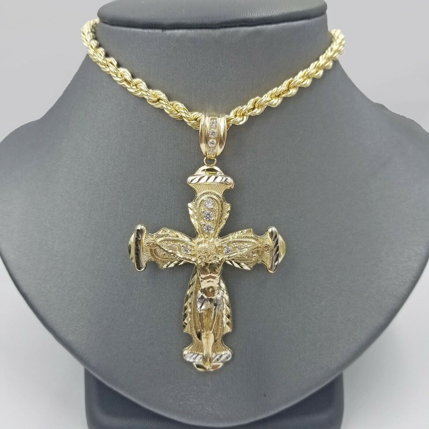 Real 10k Yellow Gold Rope Chain Crucifix Cross Pendent Jesus Diamond Cut Charm - Reva Jeweler
