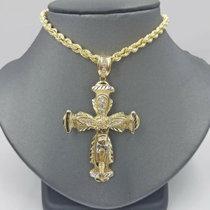 Real 10k Yellow Gold Rope Chain Crucifix Cross Pendent Jesus Diamond Cut Charm - Reva Jeweler
