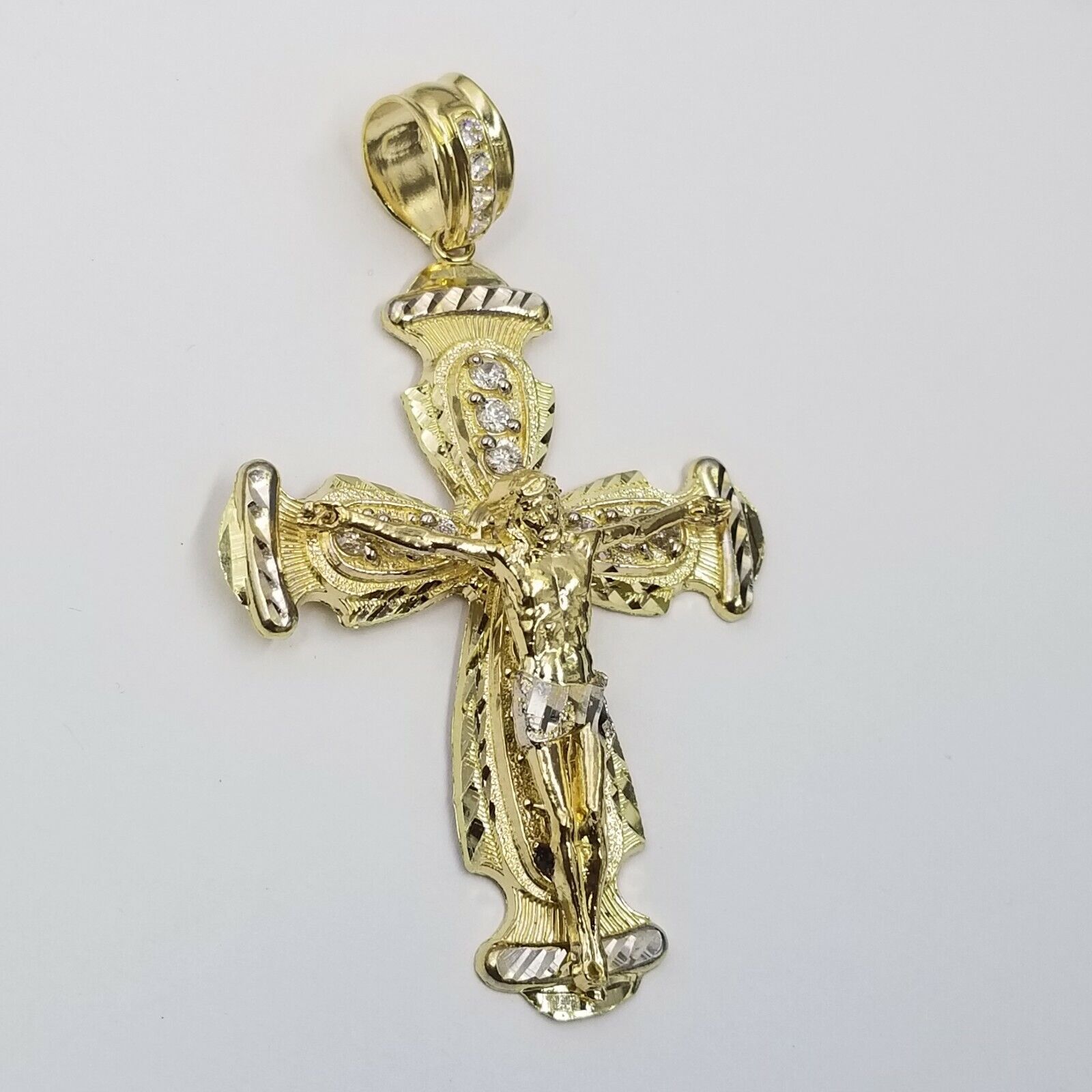 Real 10k Yellow Gold Rope Chain Crucifix Cross Pendent Jesus Diamond Cut Charm - Reva Jeweler