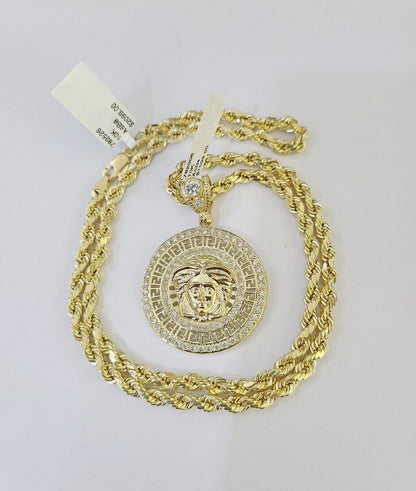 Real 10k Yellow Gold Rope Chain Head Charm Set 4mm 18" - 26"Inch Necklace - GoldenlinQ