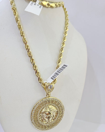 Real 10k Yellow Gold Rope Chain Head Charm Set 4mm 18" - 26"Inch Necklace - GoldenlinQ