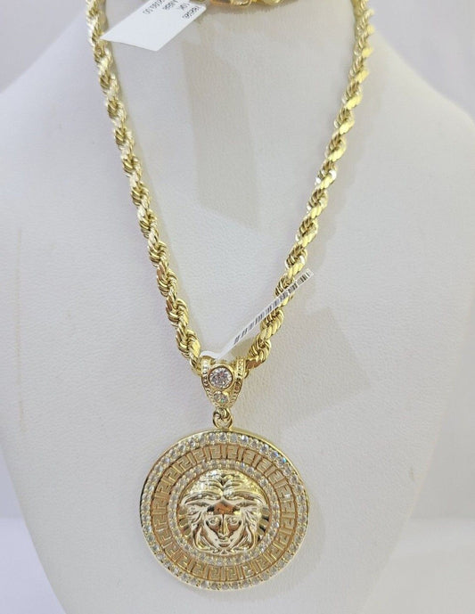Real 10k Yellow Gold Rope Chain Head Charm Set 4mm 18" - 26"Inch Necklace - GoldenlinQ