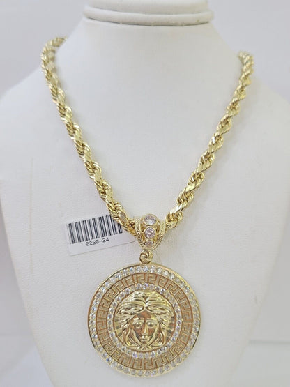 Real 10k Yellow Gold Rope Chain Head Charm Set 6mm 18" - 26"Inch Necklace - GoldenlinQ