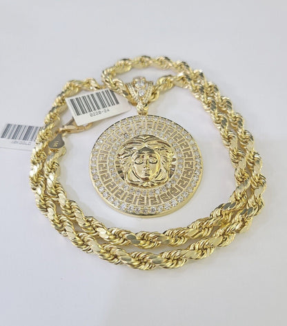 Real 10k Yellow Gold Rope Chain Head Charm Set 6mm 18" - 26"Inch Necklace - GoldenlinQ