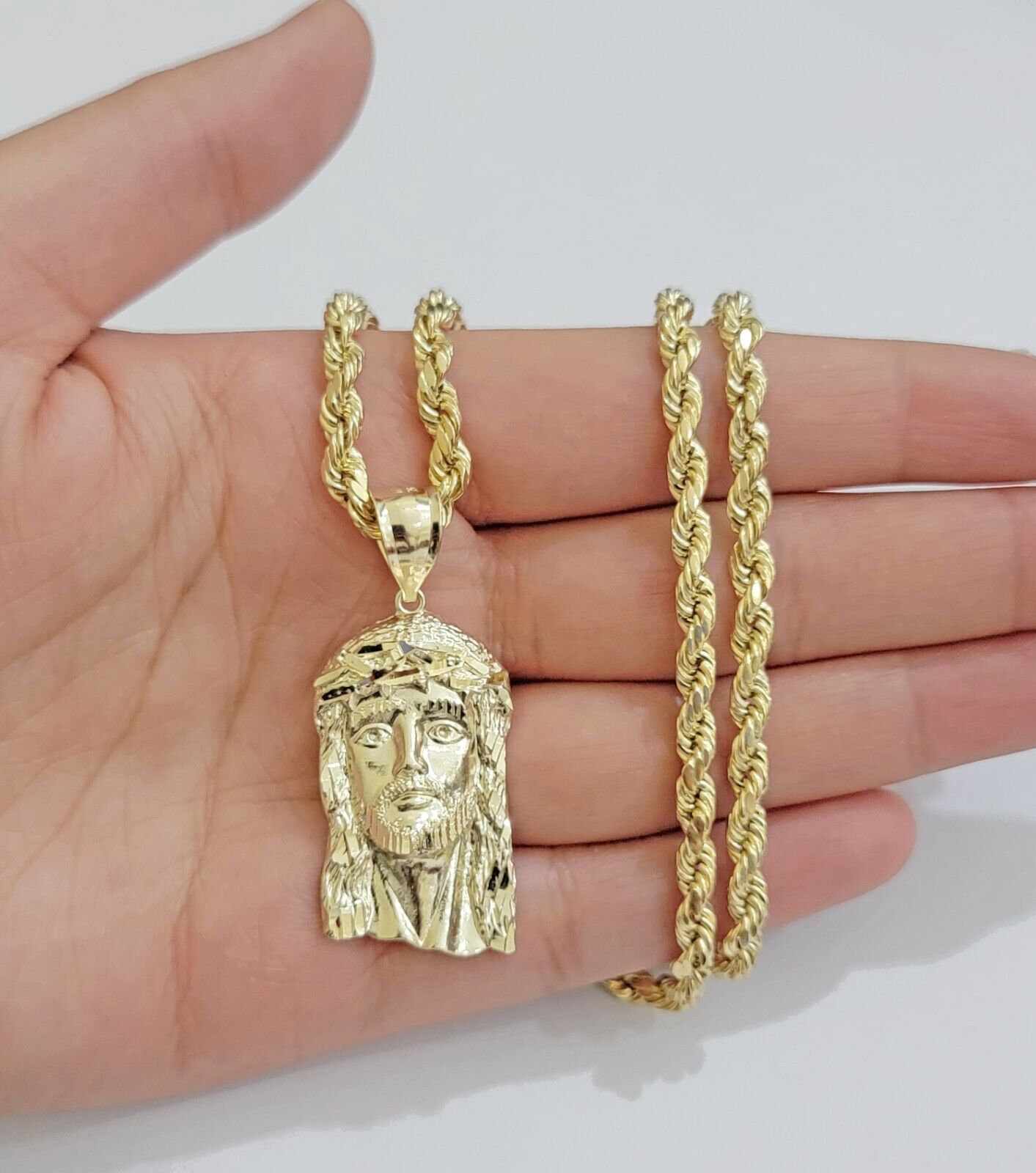 Real 10k Yellow Gold Rope Chain Jesus Charm Pendant SET 4mm 18 - 28 inch Necklace - Reva Jeweler