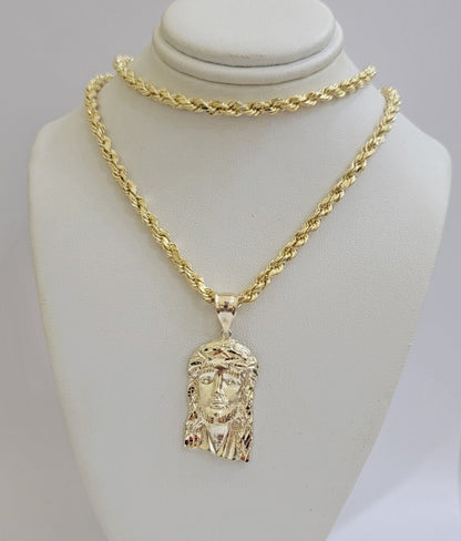 Real 10k Yellow Gold Rope Chain Jesus Charm Pendant SET 4mm 18 - 28 inch Necklace - Reva Jeweler