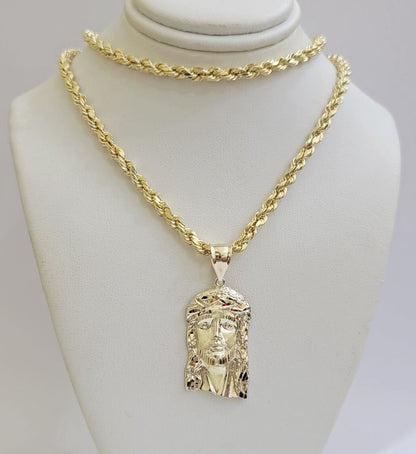 Real 10k Yellow Gold Rope Chain Jesus Charm Pendant SET 4mm 18 - 28 inch Necklace - Reva Jeweler