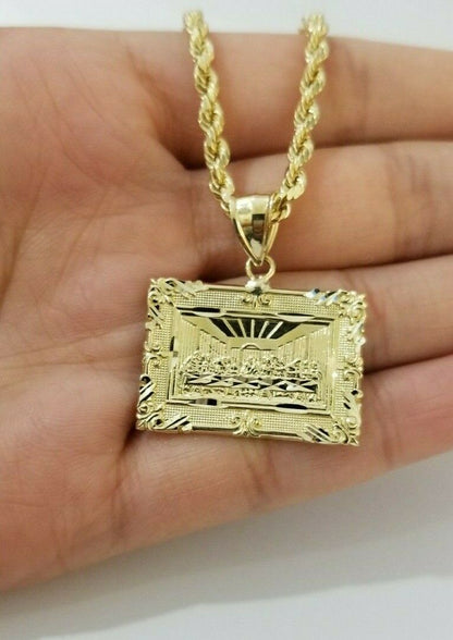 REAL 10k Yellow Gold Rope Chain Last Supper Charm Pendant SET 3mm Necklace 18 - 28 - Reva Jeweler