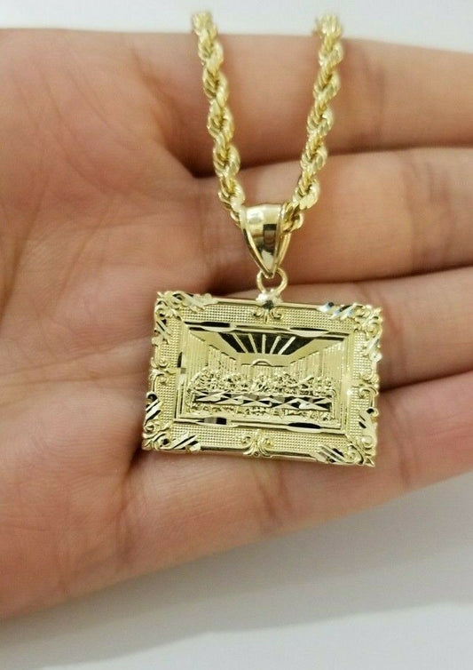 REAL 10k Yellow Gold Rope Chain Last Supper Charm Pendant SET 3mm Necklace 18 - 28 - Reva Jeweler