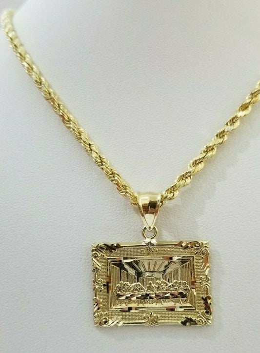 REAL 10k Yellow Gold Rope Chain Last Supper Charm Pendant SET 3mm Necklace 18 - 28 - Reva Jeweler
