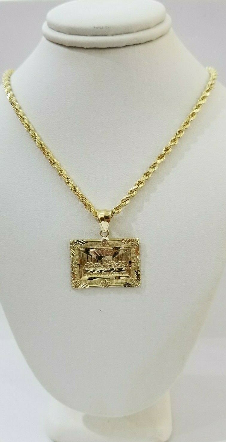 REAL 10k Yellow Gold Rope Chain Last Supper Charm Pendant SET 3mm Necklace 18 - 28 - Reva Jeweler
