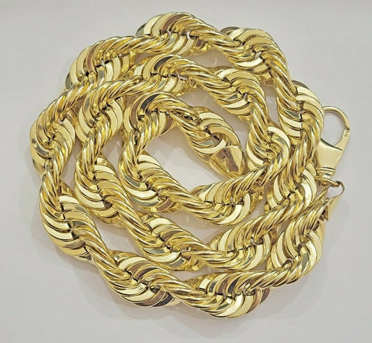 REAL 10K Yellow Gold Rope Chain Necklace 15 MM Thick 26" Diamond Cut 10kt MEN'S - Reva Jeweler
