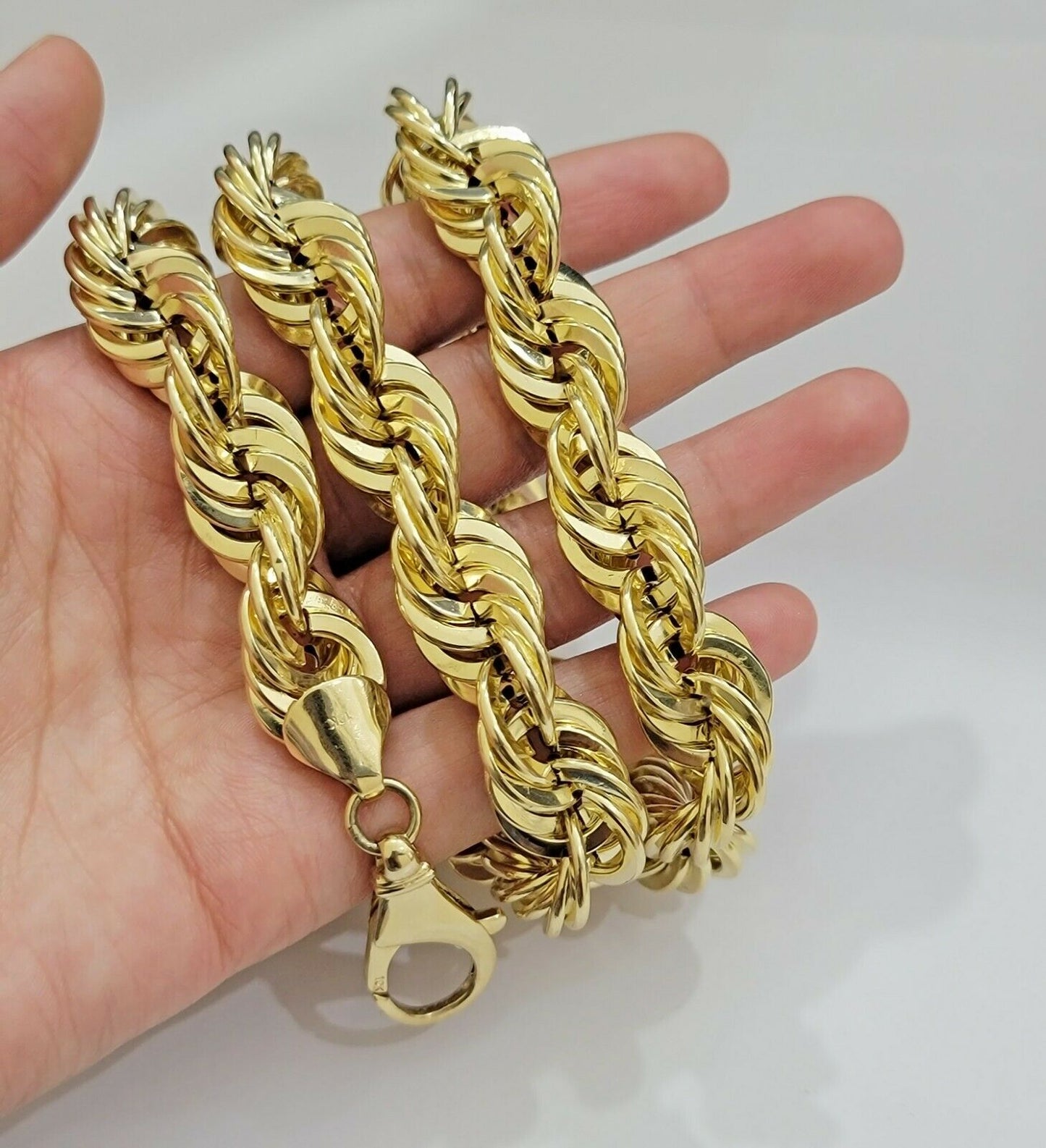 REAL 10K Yellow Gold Rope Chain Necklace 15MM Thick 22" Diamond Cut MEN'S,SHORT - Reva Jeweler