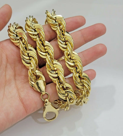 REAL 10K Yellow Gold Rope Chain Necklace 15MM Thick 22" Diamond Cut MEN'S,SHORT - Reva Jeweler