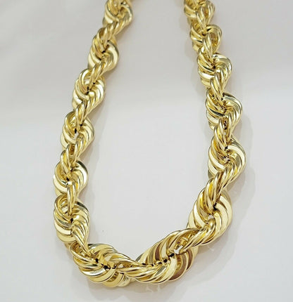 REAL 10K Yellow Gold Rope Chain Necklace 15MM Thick 22" Diamond Cut MEN'S,SHORT - Reva Jeweler
