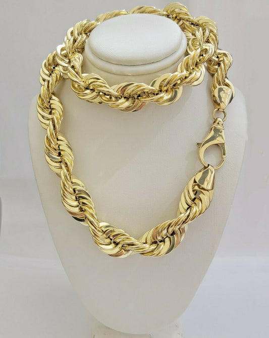 REAL 10K Yellow Gold Rope Chain Necklace 15MM Thick 22" Diamond Cut MEN'S,SHORT - Reva Jeweler