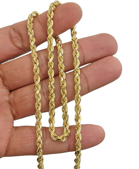 Real 10k Yellow Gold Rope Chain Necklace 4mm 18" - 30" Inch Diamond cuts 10kt - Reva Jeweler