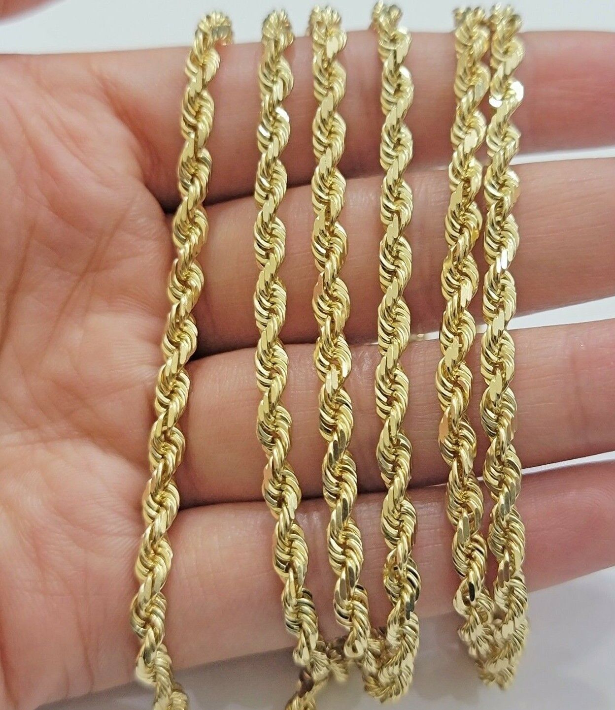Real 10k Yellow Gold Rope Chain Necklace 4mm 18" - 30" Inch Diamond cuts 10kt - Reva Jeweler