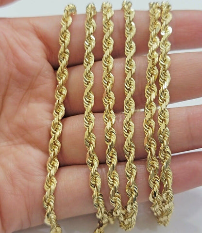 Real 10k Yellow Gold Rope Chain Necklace 4mm 18" - 30" Inch Diamond cuts 10kt - Reva Jeweler