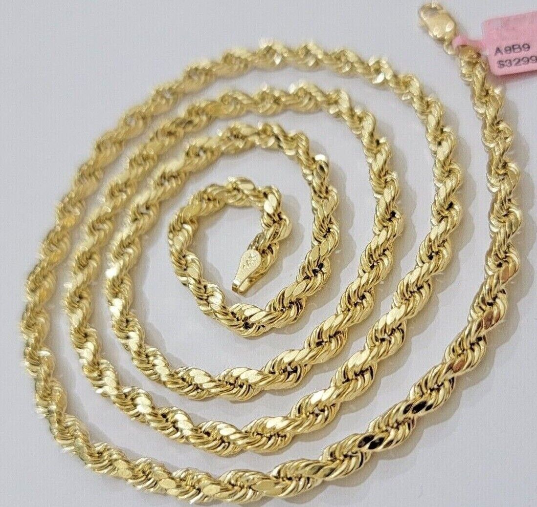 Real 10k Yellow Gold Rope Chain Necklace 6mm 18 - 28 Inch Diamond Cuts Men's 10kt - Reva Jeweler