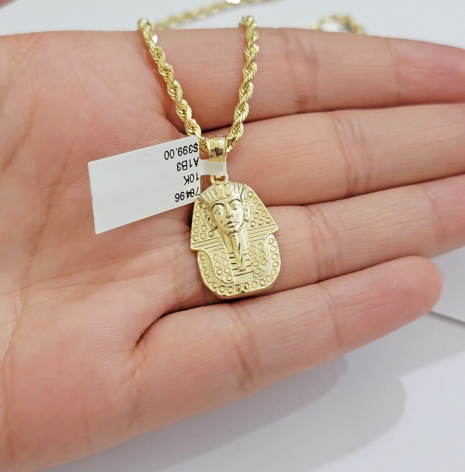 Real 10k Yellow Gold Rope Chain & Pharoah Head Pendant 2.5mm 18 - 26 inch Necklace - Reva Jeweler