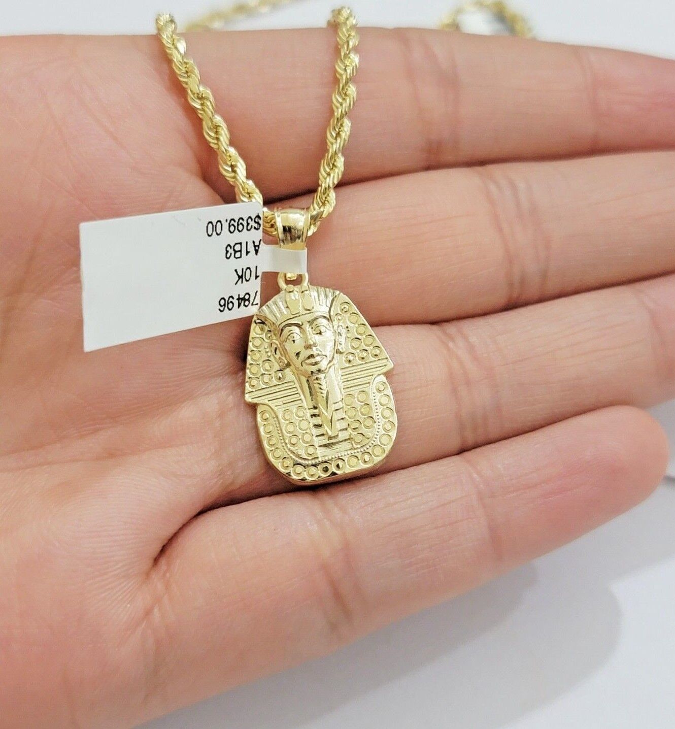 Real 10k Yellow Gold Rope Chain & Pharoah Head Pendant 2.5mm 18 - 26 inch Necklace - Reva Jeweler