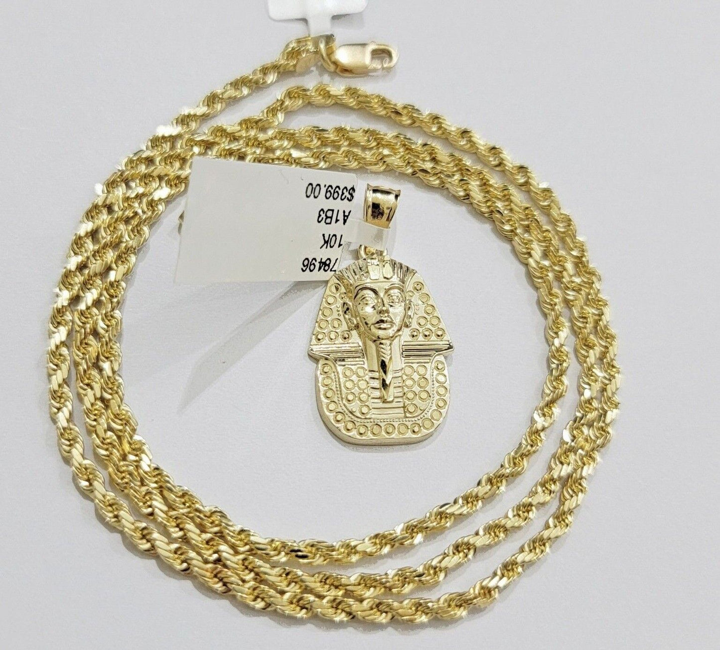 Real 10k Yellow Gold Rope Chain & Pharoah Head Pendant 2.5mm 18 - 26 inch Necklace - Reva Jeweler