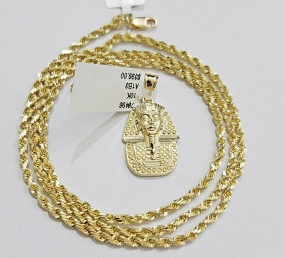 Real 10k Yellow Gold Rope Chain & Pharoah Head Pendant 2.5mm 18 - 26 inch Necklace - Reva Jeweler