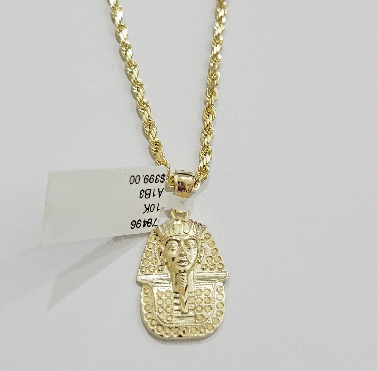 Real 10k Yellow Gold Rope Chain & Pharoah Head Pendant 2.5mm 18 - 26 inch Necklace - Reva Jeweler