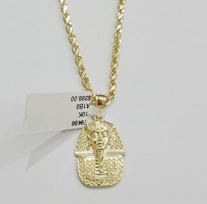 Real 10k Yellow Gold Rope Chain & Pharoah Head Pendant 2.5mm 18 - 26 inch Necklace - Reva Jeweler