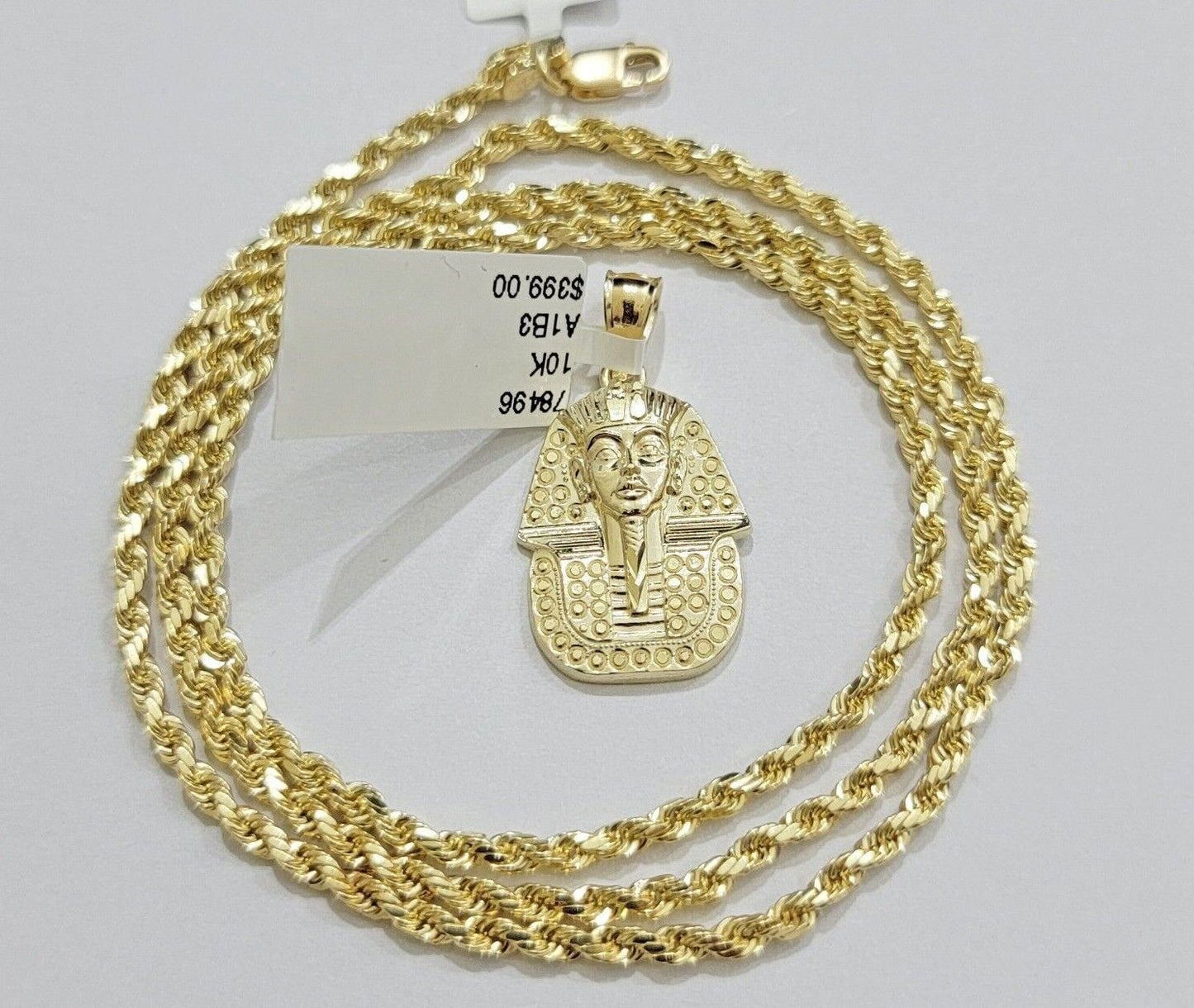Real 10k Yellow Gold Rope Chain & Pharoah Head Pendant 2.5mm 18 - 26 inch Necklace - Reva Jeweler