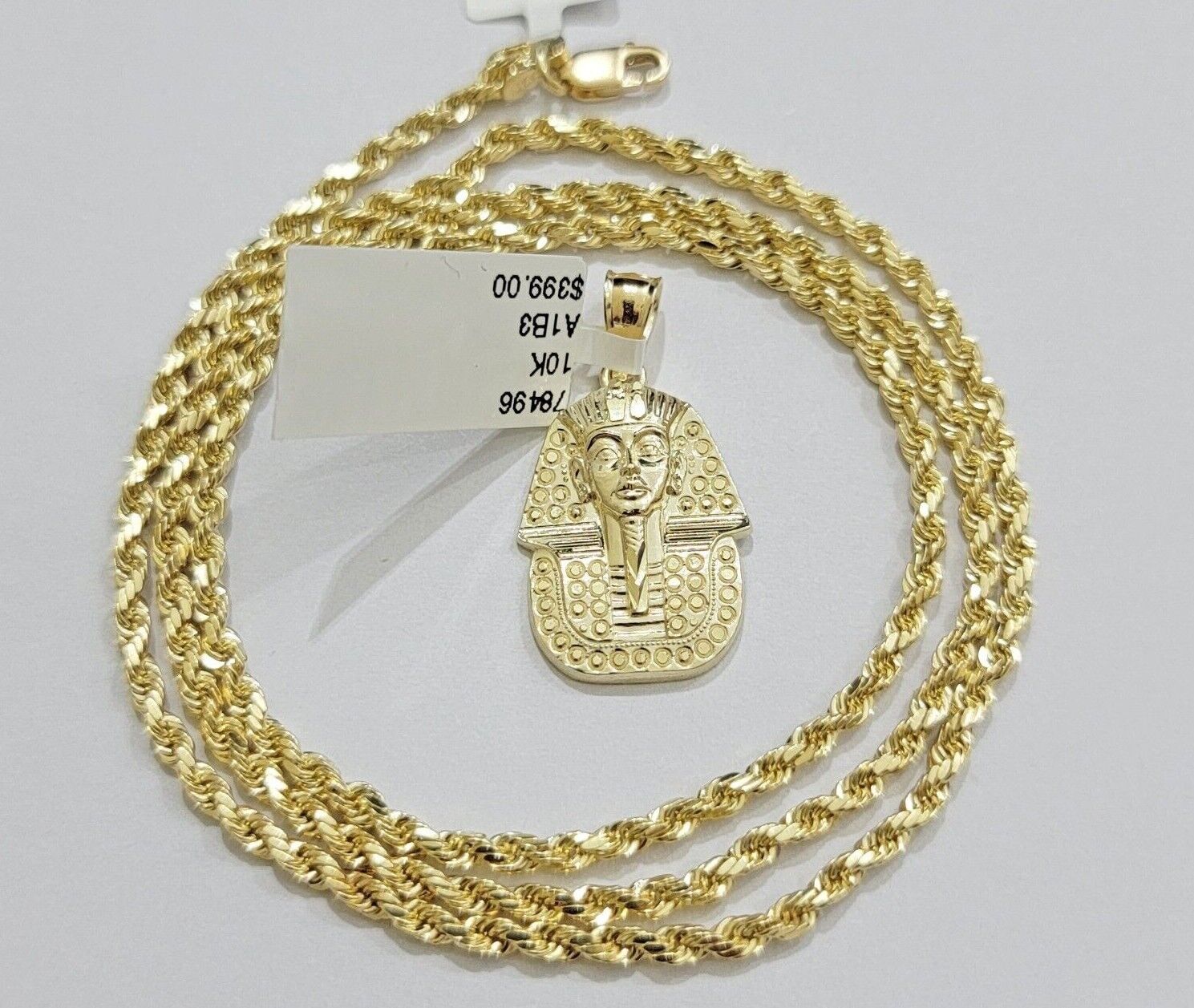 Real 10k Yellow Gold Rope Chain & Pharoah Head Pendant 2.5mm 18 - 26 inch Necklace - Reva Jeweler