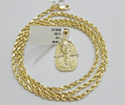 Real 10k Yellow Gold Rope Chain & Pharoah Head Pendant 2.5mm 18 - 26 inch Necklace - Reva Jeweler